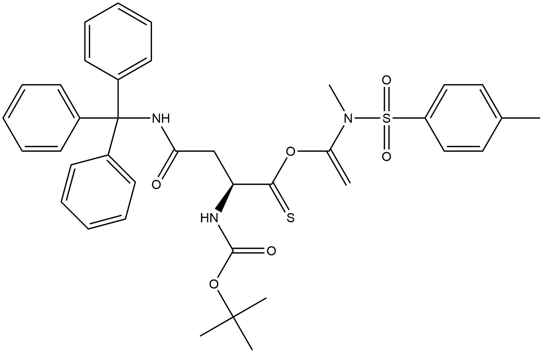 L-Asparagine, N2-[(1,1-dimethylethoxy)carbonyl]-N-(triphenylmethyl)-, 1-[methyl[(4-methylphenyl)sulfonyl]amino]ethenyl ester, (2S)- 구조식 이미지