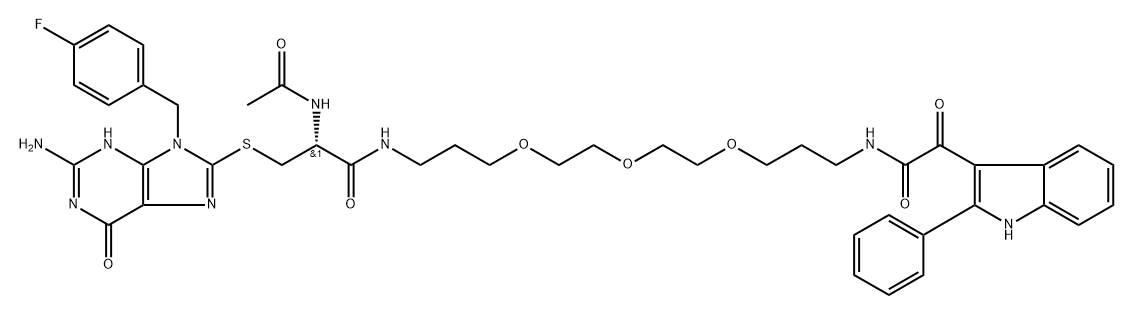 1H-Indole-3-acetamide, N-[(16R)-16-[[[2-amino-9-[(4-fluorophenyl)methyl]-6,9-dihydro-6-oxo-1H-purin-8-yl]thio]methyl]-15,18-dioxo-4,7,10-trioxa-14,17-diazanonadec-1-yl]-α-oxo-2-phenyl- Structure