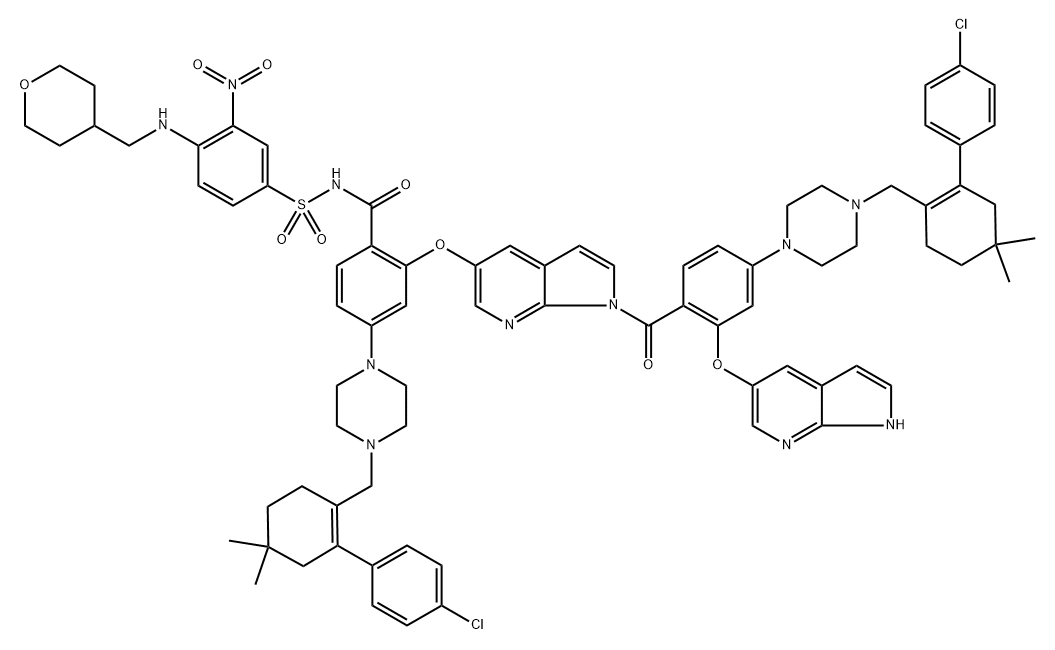 Benzamide, 4-[4-[[2-(4-chlorophenyl)-4,4-dimethyl-1-cyclohexen-1-yl]methyl]-1-piperazinyl]-2-[[1-[4-[4-[[2-(4-chlorophenyl)-4,4-dimethyl-1-cyclohexen-1-yl]methyl]-1-piperazinyl]-2-(1H-pyrrolo[2,3-b]pyridin-5-yloxy)benzoyl]-1H-pyrrolo[2,3-b]pyridin-5-yl]oxy]-N-[[3-nitro-4-[[(tetrahydro-2H-pyran-4-yl)... 구조식 이미지