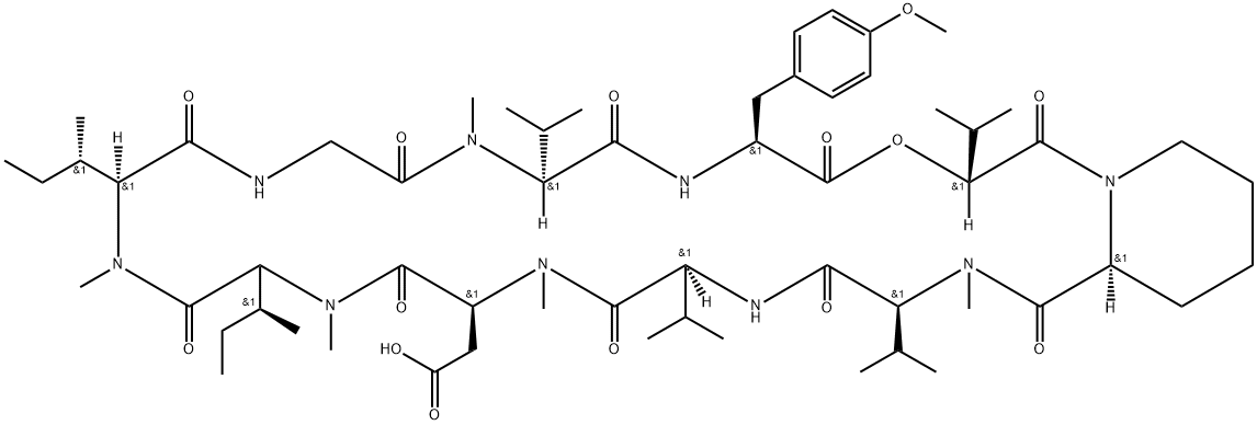 Cyclo[N-methyl-L-α-aspartyl-N-methyl-L-isoleucyl-N-methyl-L-isoleucylglycyl-N-methyl-L-valyl-O-methyl-L-tyrosyl-(2R)-2-hydroxy-3-methylbutanoyl-(2S)-2-piperidinecarbonyl-N-methyl-L-valyl-L-valyl] (9CI) Structure