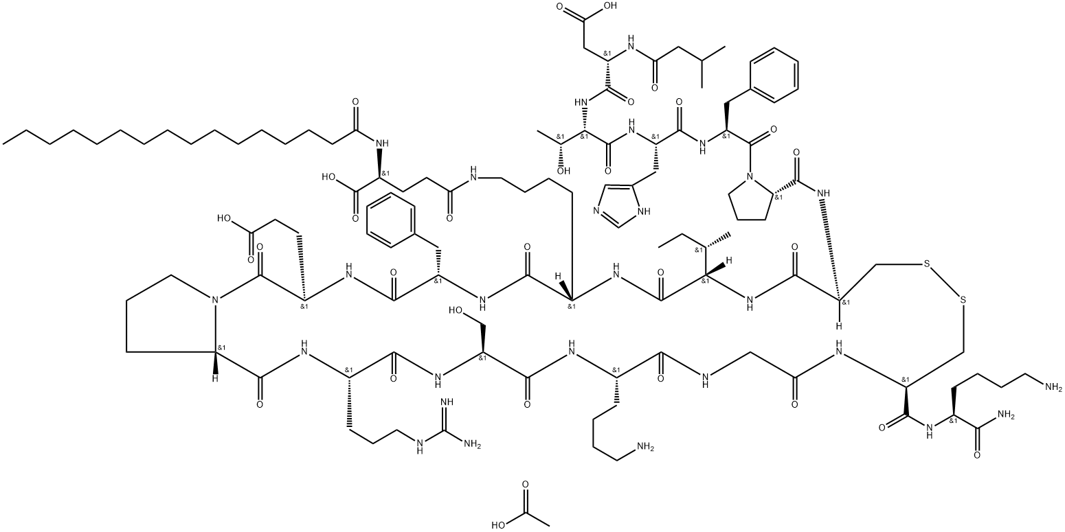 L-Lysinamide, N-(3-methyl-1-oxobutyl)-L-α-aspartyl-L-threonyl-L-histidyl-L-phenylalanyl-L-prolyl-L-cysteinyl-L-isoleucyl-N6-[N-(1-oxohexadecyl)-L-γ-glutamyl]-L-lysyl-L-phenylalanyl-L-α-glutamyl-L-prolyl-L-arginyl-L-seryl-L-lysylglycyl-L-cysteinyl-, acetate (1:) Structure