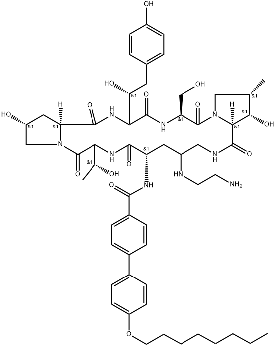 L-Proline, 4-[(2-aminoethyl)amino]-N2-[[4'-(octyloxy)[1,1'-biphenyl]-4-yl]carbonyl]-L-ornithyl-L-threonyl-(4R)-4-hydroxy-L-prolyl-4-(4-hydroxyphenyl)-L-threonyl-L-seryl-3-hydroxy-4-methyl-, (6→15)-lactam, (3S,4S)- 구조식 이미지