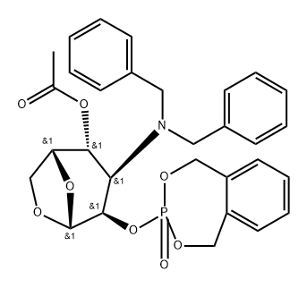 .beta.-D-Gulopyranose, 1,6-anhydro-3-bis(phenylmethyl)amino-3-deoxy-2-O-(1,5-dihydro-3-oxido-2,4,3-benzodioxaphosphepin-3-yl)-, 4-acetate Structure