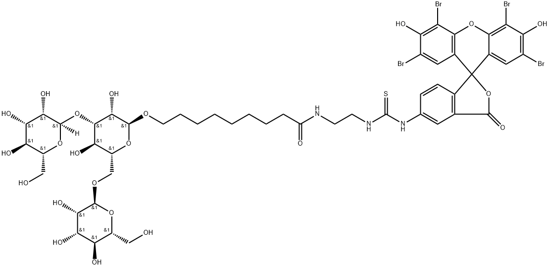 Nonanamide, 9-(O-.alpha.-D-mannopyranosyl-(13)-O-.alpha.-D-mannopyranosyl-(16)-.alpha.-D-mannopyranosyl)oxy-N-2-(2,4,5,7-tetrabromo-3,6-dihydroxy-3-oxospiroisobenzofuran-1(3H),9-9Hxanthen-5-yl)aminothioxomethylaminoethyl- 구조식 이미지