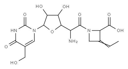 (2S,E)-1-[5-Amino-1-(1,2,3,4-tetrahydro-5-hydroxymethyl-2,4-dioxopyrimidin-1-yl)-1,5-dideoxy-β-D-allofuranulonoyl]-3-ethylidene-2-azetidinecarboxylic acid 구조식 이미지