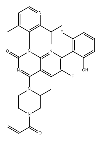 Pyrido[2,3-d]pyrimidin-2(1H)-one, 6-fluoro-7-(2-fluoro-6-hydroxyphenyl)-1-[4-methyl-2-(1-methylethyl)-3-pyridinyl]-4-[(2S)-2-methyl-4-(1-oxo-2-propen-1-yl)-1-piperazinyl]-, (1S)- Structure