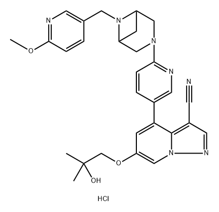 Pyrazolo[1,5-a]pyridine-3-carbonitrile, 6-(2-hydroxy-2-methylpropoxy)-4-[6-[6-[(6-methoxy-3-pyridinyl)methyl]-3,6-diazabicyclo[3.1.1]hept-3-yl]-3-pyridinyl]-, hydrochloride (1:) Structure