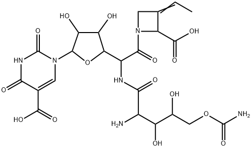 5-Pyrimidinecarboxylic acid, 1-[5-[[2-amino-5-O-(aminocarbonyl)-2-deoxy-L-xylonoyl]amino]-6-C-[(2S,3E)-2-carboxy-3-ethylidene-1-azetidinyl]-5-deoxy-β-D-allo-hexodialdo-1,4-furanosyl]-1,2,3,4-tetrahydro-2,4-dioxo- Structure