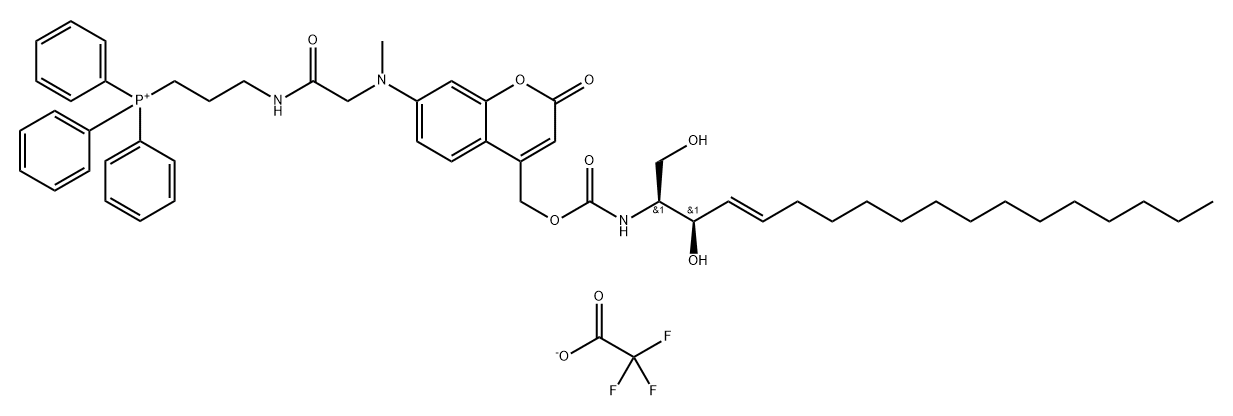 Phosphonium, [3-[[2-[[4-[[[[[(1S,2R,3E)-2-hydroxy-1-(hydroxymethyl)-3-heptadecen-1-yl]amino]carbonyl]oxy]methyl]-2-oxo-2H-1-benzopyran-7-yl]methylamino]acetyl]amino]propyl]triphenyl-, 2,2,2-trifluoroacetate (1:1) Structure