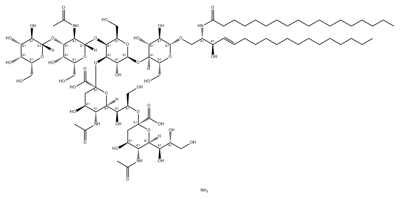 Octadecanamide, N-[(1S,2R,3E)-1-[[[O-(N-acetyl-α-neuraminosyl)-(2→8)-O-(N-acetyl-α-neuraminosyl)-(2→3)-O-[O-β-D-galactopyranosyl-(1→3)-2-(acetylamino)-2-deoxy-β-D-galactopyranosyl-(1→4)]-O-β-D-galactopyranosyl-(1→4)-β-D-glucopyranosyl]oxy]methyl]-2-hydroxy-3-heptadecen-1-yl]-, ammonium salt (1:2) 구조식 이미지