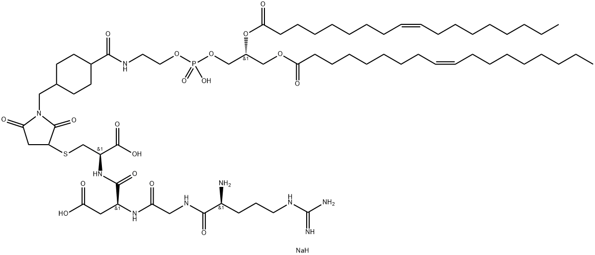 L-Cysteine, L-arginylglycyl-L-α-aspartyl-S-[1-[[4-[(9R,19Z)-6-hydroxy-6-oxido-1,11-dioxo-9-[[[(9Z)-1-oxo-9-octadecen-1-yl]oxy]methyl]-5,7,10-trioxa-2-aza-6-phospha-19-octacosen-1-yl]cyclohexyl]methyl]-2,5-dioxo-3-pyrrolidinyl]-, sodium salt (1:2) Structure