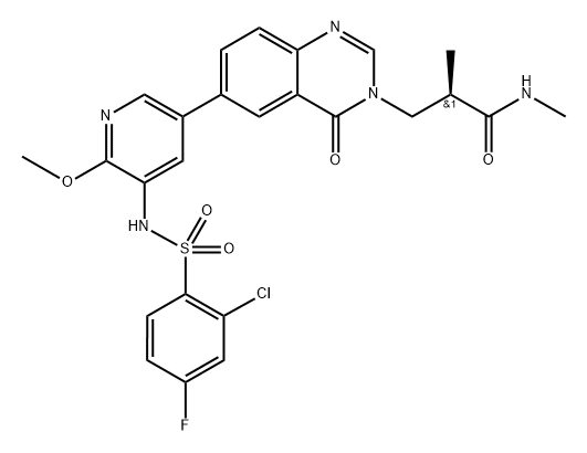 3(4H)-Quinazolinepropanamide, 6-[5-[[(2-chloro-4-fluorophenyl)sulfonyl]amino]-6-methoxy-3-pyridinyl]-N,α-dimethyl-4-oxo-, (αR)- 구조식 이미지