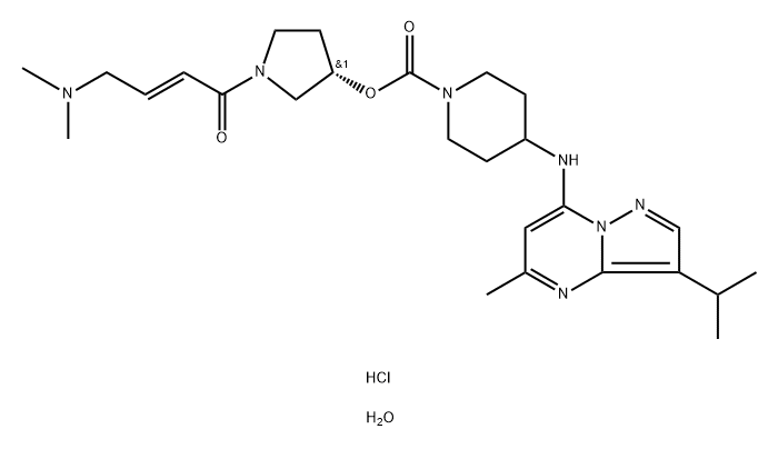 1-Piperidinecarboxylic acid, 4-[[5-methyl-3-(1-methylethyl)pyrazolo[1,5-a]pyrimidin-7-yl]amino]-, (3S)-1-[(2E)-4-(dimethylamino)-1-oxo-2-buten-1-yl]-3-pyrrolidinyl ester, hydrochloride, hydrate (1:1:1) 구조식 이미지