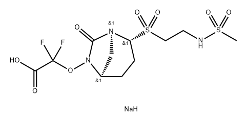 Acetic acid, 2,2-difluoro-2-[[(1S,2R,5R)-2-[[2- [(methylsulfonyl)amino]ethyl]sulfonyl]-7-oxo1,6-diazabicyclo[3.2.1]oct-6-yl]oxy]-, sodium salt (1:1) Structure