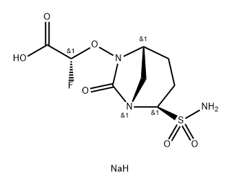 Acetic acid, 2-[[(1S,2R,5R)-2-(aminosulfonyl)-7- oxo-1,6-diazabicyclo[3.2.1]oct-6-yl]oxy]-2- fluoro-, sodium salt (1:1), (2R)- Structure