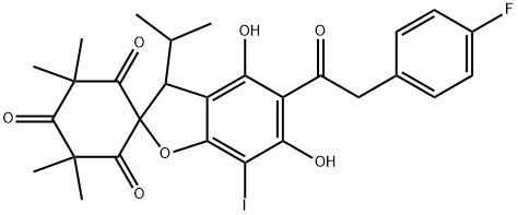 Spiro[benzofuran-2(3H),1'-cyclohexane]-2',4',6'-trione, 5-[2-(4-fluorophenyl)acetyl]-4,6-dihydroxy-7-iodo-3',3',5',5'-tetramethyl-3-(1-methylethyl)- Structure