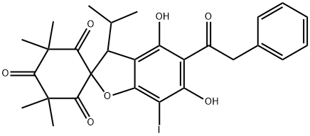 Spiro[benzofuran-2(3H),1'-cyclohexane]-2',4',6'-trione, 4,6-dihydroxy-7-iodo-3',3',5',5'-tetramethyl-3-(1-methylethyl)-5-(2-phenylacetyl)- Structure