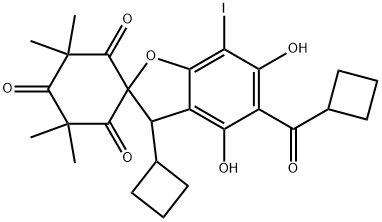 Spiro[benzofuran-2(3H),1'-cyclohexane]-2',4',6'-trione, 3-cyclobutyl-5-(cyclobutylcarbonyl)-4,6-dihydroxy-7-iodo-3',3',5',5'-tetramethyl- Structure