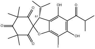 Spiro[benzofuran-2(3H),1'-cyclohexane]-2',4',6'-trione, 4,6-dihydroxy-7-iodo-3',3',5',5'-tetramethyl-3-(1-methylethyl)-5-(2-methyl-1-oxopropyl)-, (3R)- Structure