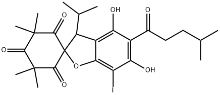 Spiro[benzofuran-2(3H),1'-cyclohexane]-2',4',6'-trione, 4,6-dihydroxy-7-iodo-3',3',5',5'-tetramethyl-3-(1-methylethyl)-5-(4-methyl-1-oxopentyl)- Structure