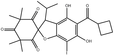 Spiro[benzofuran-2(3H),1'-cyclohexane]-2',4',6'-trione, 5-(cyclobutylcarbonyl)-4,6-dihydroxy-7-iodo-3',3',5',5'-tetramethyl-3-(1-methylethyl)- Structure