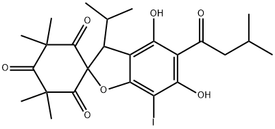 Spiro[benzofuran-2(3H),1'-cyclohexane]-2',4',6'-trione, 4,6-dihydroxy-7-iodo-3',3',5',5'-tetramethyl-3-(1-methylethyl)-5-(3-methyl-1-oxobutyl)- Structure