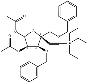 L-lyxo-Hex-5-ynofuranose, 5,6-dideoxy-4-C-[(phenylmethoxy)methyl]-3-O-(phenylmethyl)-6-(triethylsilyl)-, 1,2-diacetate Structure