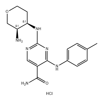 5-Pyrimidinecarboxamide, 2-[[(3R,4R)-3-aminotetrahydro-2H-pyran-4-yl]amino]-4-[(4-methylphenyl)amino]-, hydrochloride (1:2) 구조식 이미지