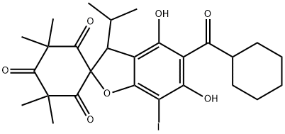 Spiro[benzofuran-2(3H),1'-cyclohexane]-2',4',6'-trione, 5-(cyclohexylcarbonyl)-4,6-dihydroxy-7-iodo-3',3',5',5'-tetramethyl-3-(1-methylethyl)- Structure