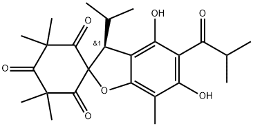 Spiro[benzofuran-2(3H),1'-cyclohexane]-2',4',6'-trione, 4,6-dihydroxy-3',3',5',5',7-pentamethyl-3-(1-methylethyl)-5-(2-methyl-1-oxopropyl)-, (3S)- Structure