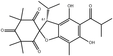 Spiro[benzofuran-2(3H),1'-cyclohexane]-2',4',6'-trione, 4,6-dihydroxy-3',3',5',5',7-pentamethyl-3-(1-methylethyl)-5-(2-methyl-1-oxopropyl)-, (3R)- Structure