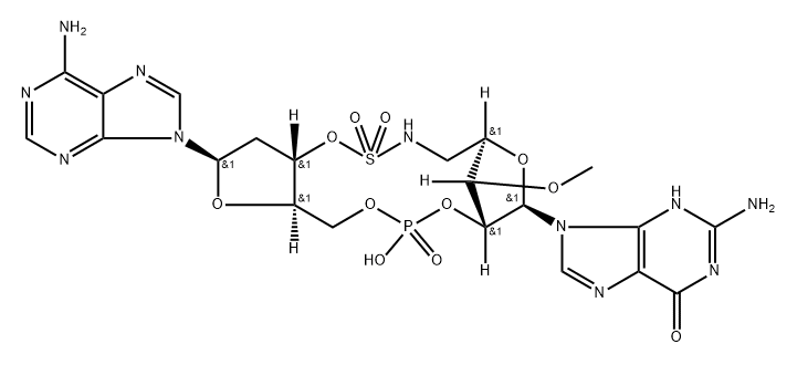 6H-Purin-6-one, 2-amino-9-[(5R,7R,8R,12aR,14R,15aS,16R)-14-(6-amino-9H-purin-9-yl)octahydro-10-hydroxy-16-methoxy-2,2,10-trioxido-5,8-methano-3H 구조식 이미지