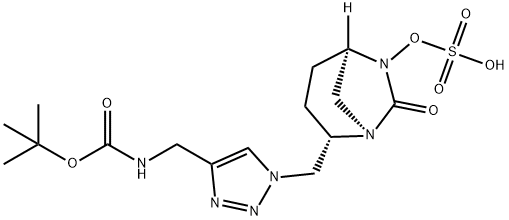 Sulfuric acid, mono[(1R,2S,5R)-2-[[4-[[[(1,1- dimethylethoxy)carbonyl]amino]methyl]-1H1,2,3-triazol-1-yl]methyl]-7-oxo-1,6-diazab icyclo[3.2.1]oct-6-yl] ester Structure