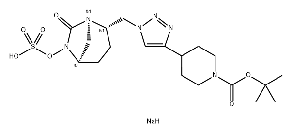 1-Piperidinecarboxylic acid, 4-[1-[[(1R,2S,5R)- 7-oxo-6-(sulfooxy)-1,6-diazabicyclo[3.2.1]oct2-yl]methyl]-1H-1,2,3-triazol-4-yl]-, 1-(1,1- dimethylethyl) ester, sodium salt (1:1) 구조식 이미지