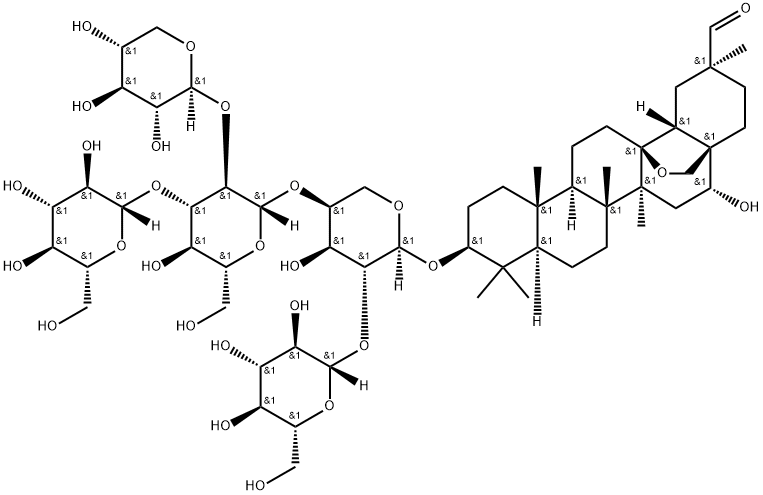 (20S)-13,28-Epoxy-3β-[4-O-(3-O-β-D-glucopyranosyl-2-O-β-D-xylopyranosyl-β-D-glucopyranosyl)-2-O-β-D-glucopyranosyl-α-L-arabinopyranosyloxy]-16α-hydroxyoleanan-29-al 구조식 이미지