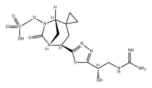 (1R,4S,5R)-4-(5-((S)-2-guanidino-1-hydroxyethyl)-1,3,4-oxadiazol-2-yl)-6-oxo-5,7-diazaspiro[bicyclo[3.2.1]octane-2,1'-cyclopropan]-7-yl hydrogen sulfate 구조식 이미지