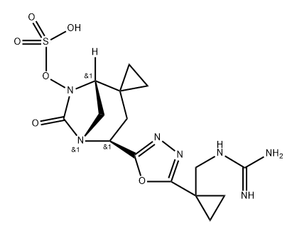 (1R,4S,5R)-4-(5-(1-(guanidinomethyl)cyclopropyl)-1,3,4-oxadiazol-2-yl)-6-oxo-5,7-diazaspiro[bicyclo[3.2.1]octane-2,1'-cyclopropan]-7-yl hydrogen sulfate Structure