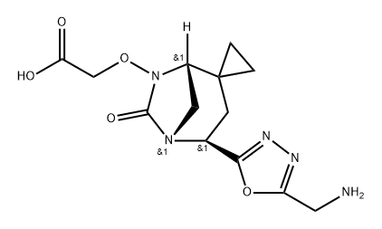 2-(((1R,4S,5R)-4-(5-(aminomethyl)-1,3,4-oxadiazol-2-yl)-6-oxo-5,7-diazaspiro[bicyclo[3.2.1]octane-2,1'-cyclopropan]-7-yl)oxy)acetic acid Structure