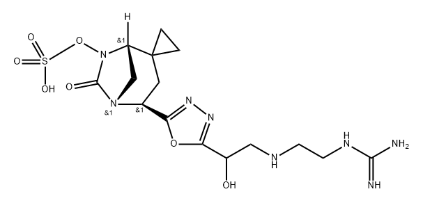 (1R,4S,5R)-4-(5-(2-((2-guanidinoethyl)amino)-1-hydroxyethyl)-1,3,4-oxadiazol-2-yl)-6-oxo-5,7-diazaspiro[bicyclo[3.2.1]octane-2,1'-cyclopropan]-7-yl hydrogen sulfate Structure