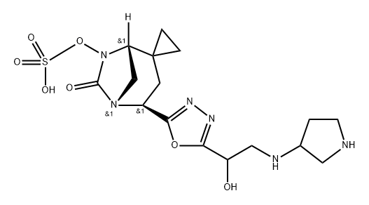 (1R,4S,5R)-4-(5-(1-hydroxy-2-(pyrrolidin-3-ylamino)ethyl)-1,3,4-oxadiazol-2-yl)-6-oxo-5,7-diazaspiro[bicyclo[3.2.1]octane-2,1'-cyclopropan]-7-yl hydrogen sulfate Structure