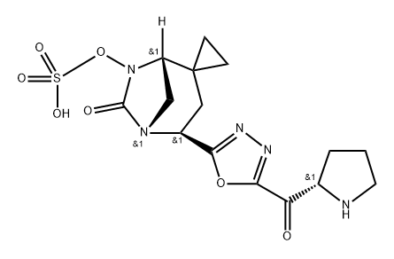 (1R,4S,5R)-4-(5-(L-prolyl)-1,3,4-oxadiazol-2-yl)-6-oxo-5,7-diazaspiro[bicyclo[3.2.1]octane-2,1'-cyclopropan]-7-yl hydrogen sulfate Structure