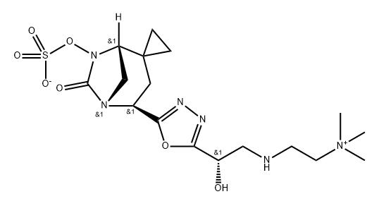 (1R,4S,5R)-4-(5-((S)-1-hydroxy-2-((2-(trimethylammonio)ethyl)amino)ethyl)-1,3,4-oxadiazol-2-yl)-6-oxo-5,7-diazaspiro[bicyclo[3.2.1]octane-2,1'-cyclopropan]-7-yl sulfate Structure