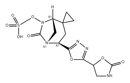 (1R,4S,5R)-6-oxo-4-(5-((R)-2-oxooxazolidin-5-yl)-1,3,4-oxadiazol-2-yl)-5,7-diazaspiro[bicyclo[3.2.1]octane-2,1'-cyclopropan]-7-yl hydrogen sulfate Structure