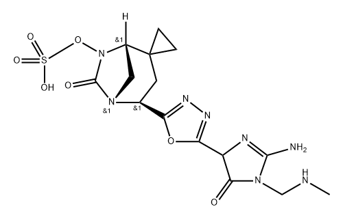 [(2S,5R)-2-[5-[2-amino-1-(methylaminomethyl)-5-oxo-4H-imidazol-4-yl]-1,3,4-oxadiazol-2-yl]-7-oxospiro[1,6-diazabicyclo[3.2.1]octane-4,1'-cyclopropane]-6-yl] hydrogen sulfate Structure