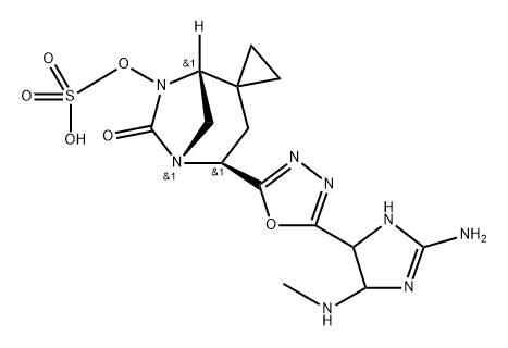 [(2S,5R)-2-[5-[2-amino-5-(methylamino)-4,5-dihydro-1H-imidazol-4-yl]-1,3,4-oxadiazol-2-yl]-7-oxospiro[1,6-diazabicyclo[3.2.1]octane-4,1'-cyclopropane]-6-yl] hydrogen sulfate Structure