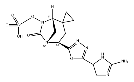 (1R,4S,5R)-4-(5-(2-amino-4,5-dihydro-1H-imidazol-5-yl)-1,3,4-oxadiazol-2-yl)-6-oxo-5,7-diazaspiro[bicyclo[3.2.1]octane-2,1'-cyclopropan]-7-yl hydrogen sulfate Structure