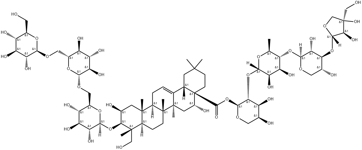 Olean-12-en-28-oic acid, 3-[(O-β-D-glucopyranosyl-(1→6)-O-β-D-glucopyranosyl-(1→6)-β-D-glucopyranosyl)oxy]-2,16,23-trihydroxy-, O-D-apio-β-D-furanosyl-(1→3)-O-β-D-xylopyranosyl-(1→4)-O-6-deoxy-α-L-mannopyranosyl-(1→2)-α-L-arabinopyranosyl ester, (2β,3β,4α,16α)- Structure