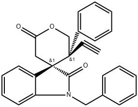 Spiro[3H-indole-3,4'-[4H]pyran]-2,2'(1H,3'H)-dione, 5'-ethynyl-5',6'-dihydro-5'-phenyl-1-(phenylmethyl)-, (3S,5'R)- Structure