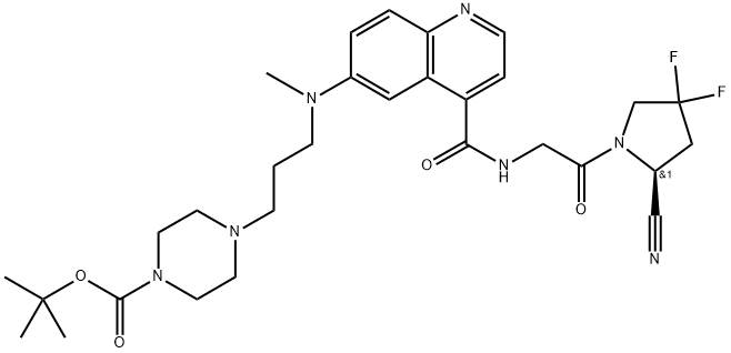 1-Piperazinecarboxylic acid, 4-[3-[[4-[[[2-[(2S)-2-cyano-4,4-difluoro-1-pyrrolidinyl]-2-oxoethyl]amino]carbonyl]-6-quinolinyl]methylamino]propyl]-, 1,1-dimethylethyl ester Structure