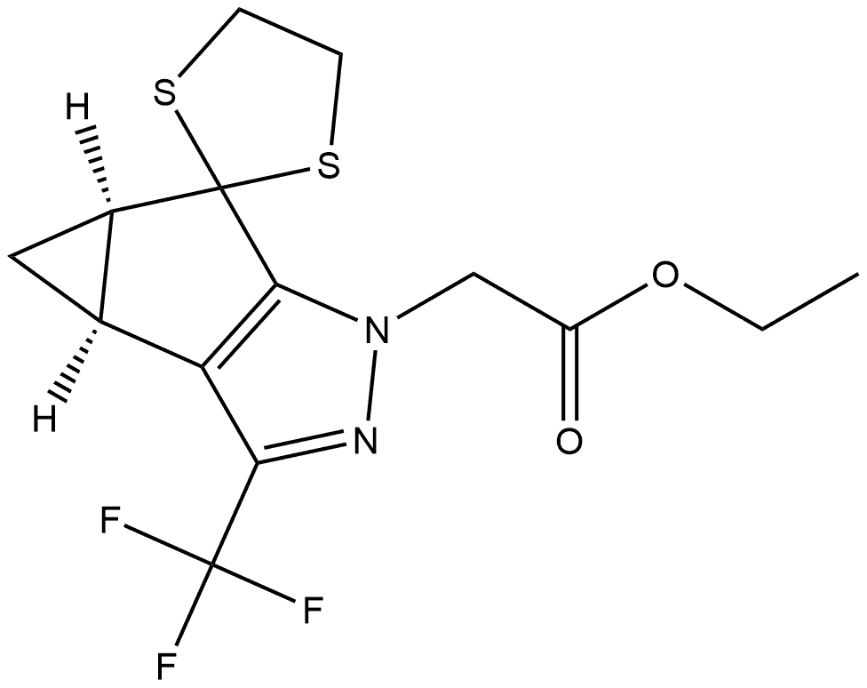 ethyl 2-((3bS,4aR)-3-(trifluoromethyl)-4,4a-dihydrospiro[cyclopropa[3,4]cyclopenta[1,2-c]pyrazole-5,2'-[1,3]dithiolane]-1(3bH)-yl)acetate Structure